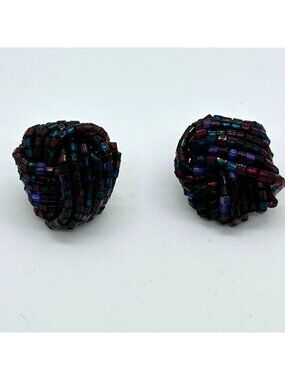 Vintage 1960s Beaded Knot Stud Earrings Iridescent Multi-Color Glass Statement J